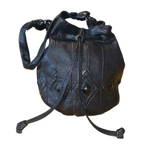 Elliott Lucca Black Leather Drawstring Bucket Bag Medium Diamond Embossed